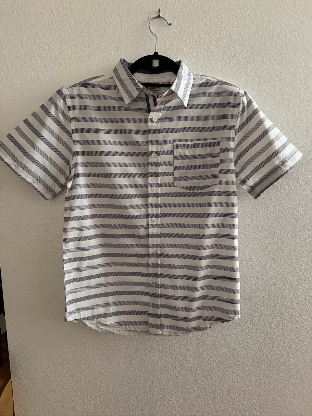 Boy’s Short Sleeve Striped Button-Up Shirt - Gray/White 10/12Y